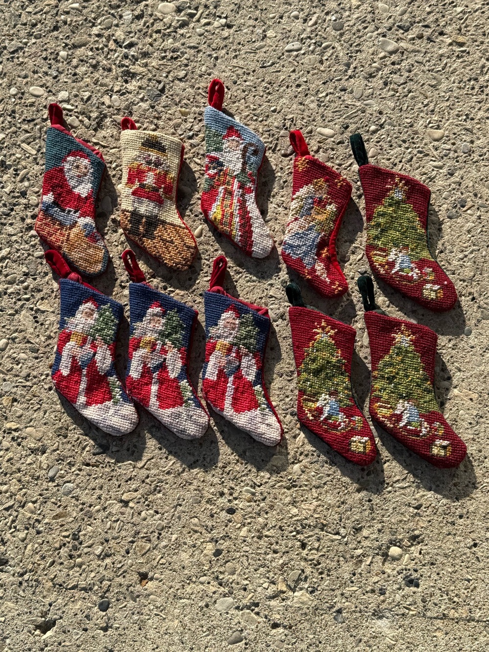 Set of 10 Vintage 90s Velvet Needlepoint Mini Stocking Christmas Tree Ornaments